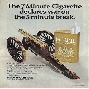 1967 Pall Mall Famous Cigarettes 7 Minute Cigarette War Vintage Print Ad/Poster